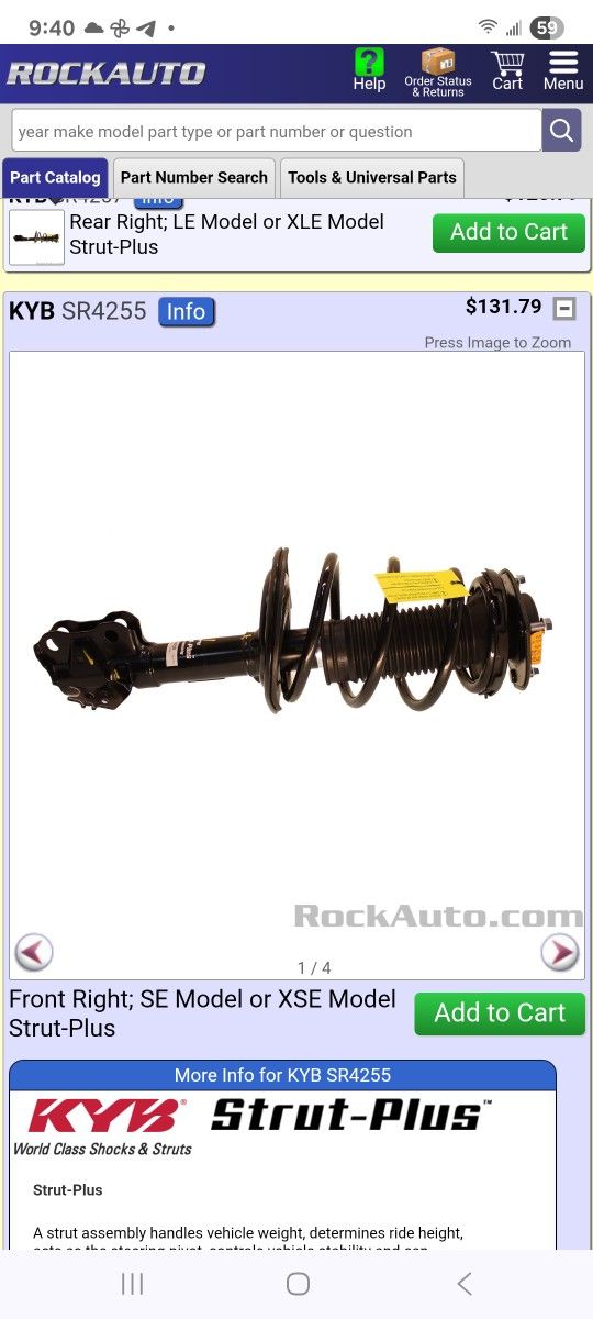 KYB SR4255 Strut-Plus Complete Assembly – Front Righ Suspension for 2012-2018 Toyota Camry SE