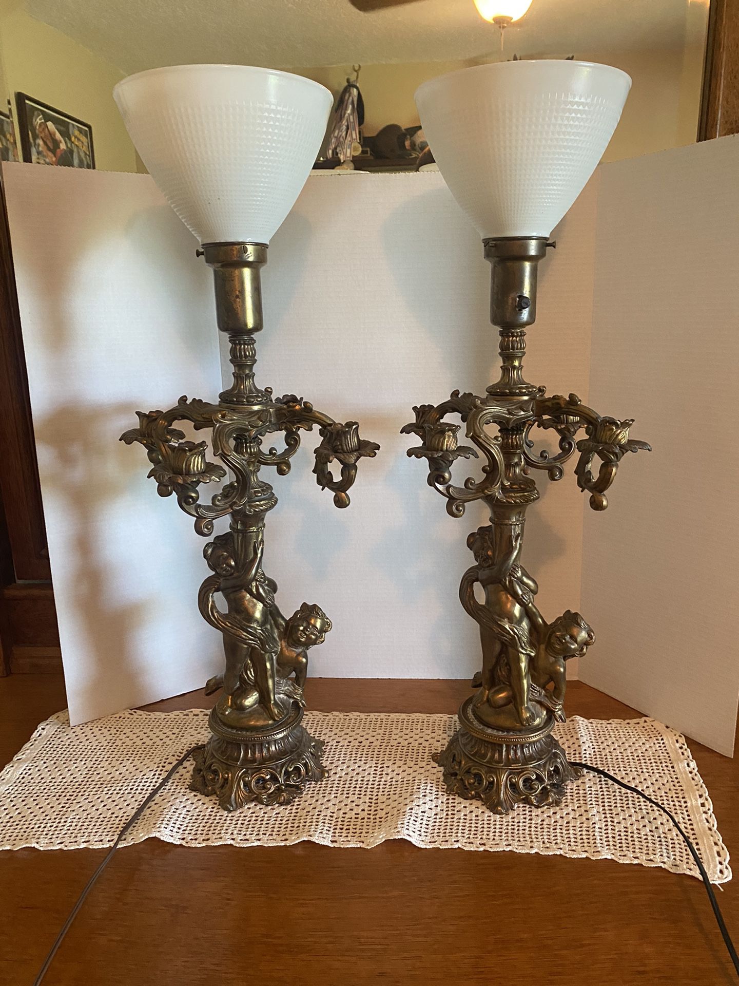 Vintage Cherub Candelabra And Lamp Pair
