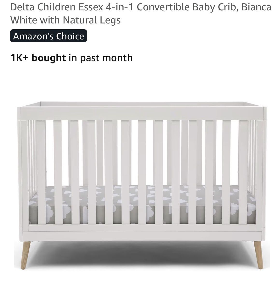 (Never Used) Crib+Mattress+MattressCover - Delta Children Essex 4-in-1 Convertible Baby Crib, Bianca White with Natural Legs