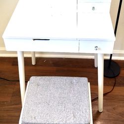 GREAT GIFT! WHITE COASTAL STYLE 3 In 1 MAKE-UP VANITY, BEDSIDE TABLE, COMPUTER TABLE WITH CUSHION SEAT WHITE AND GRAY, 2 DRAWERS AND GLASS DECOR FIXTU