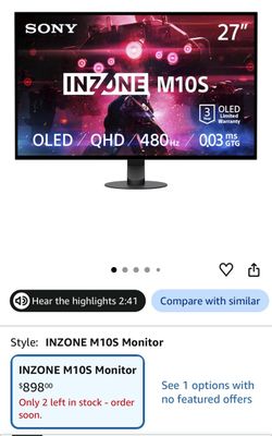 Sony INZONE M10S 27” 1440p 480Hz OLED Gaming Monitor with Low Profile Stand