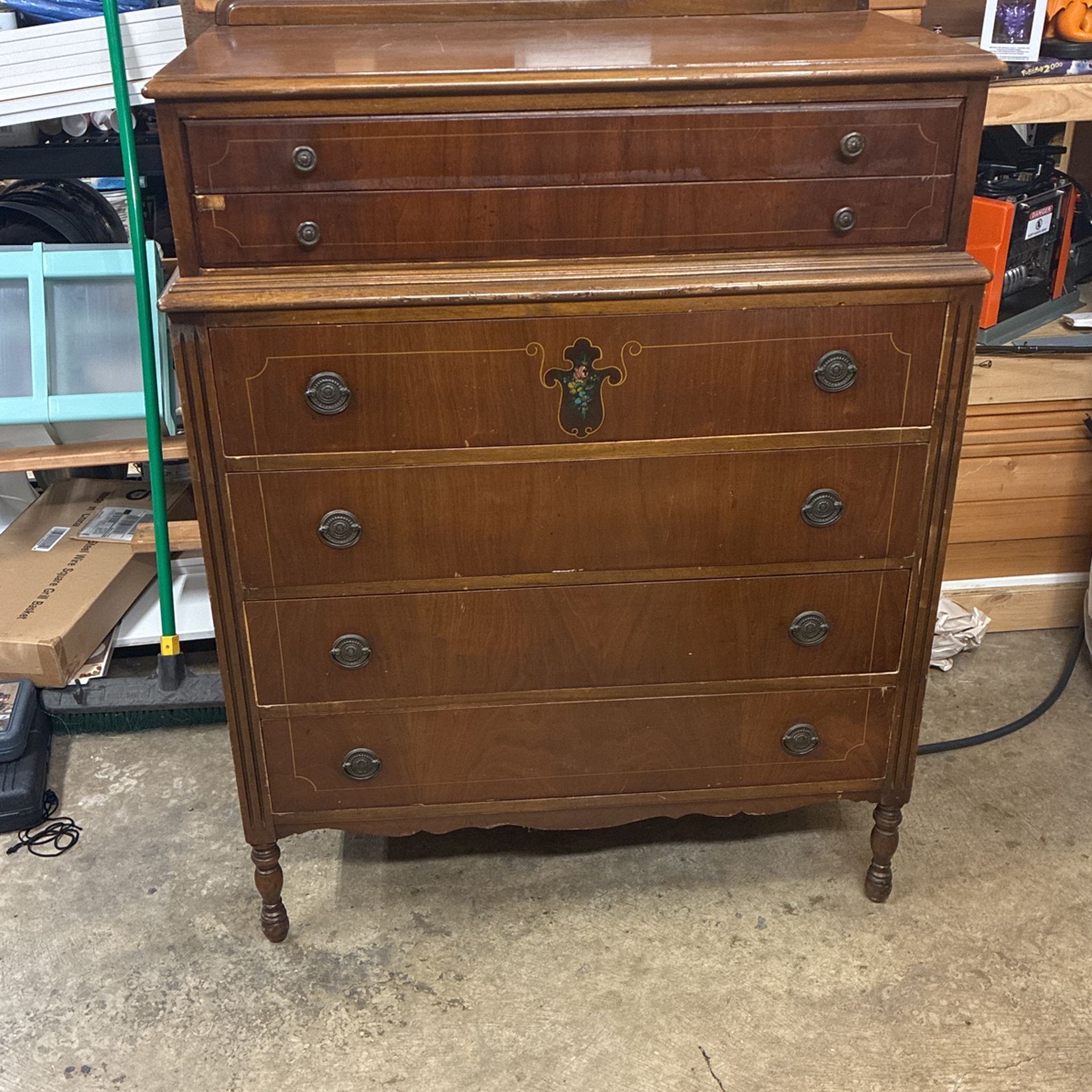 Vintage Solid Wood 6 Drawer Tall Boy Dresser