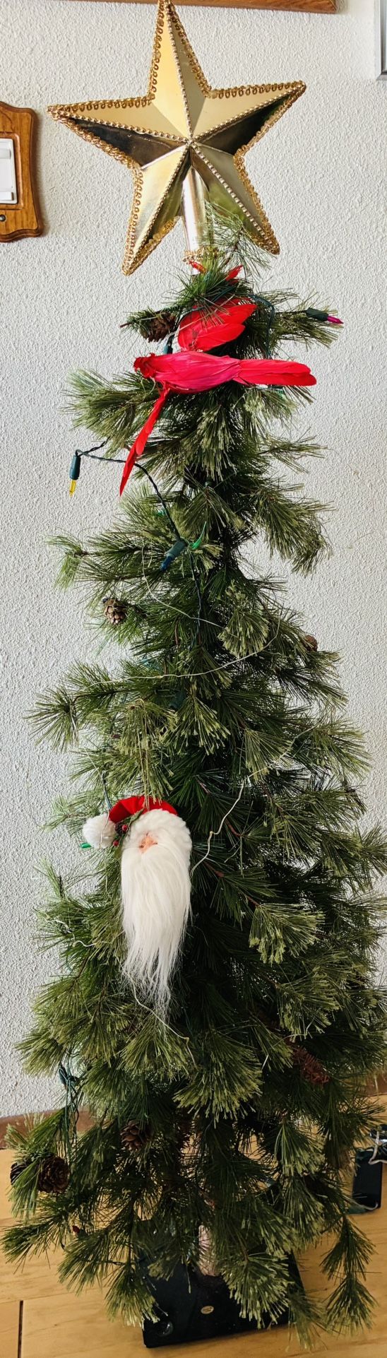 Christmas Tree, Artificial, Battery Lights, Santa Ornament,Red Bird,Pine Cones,Top Star,48” TallX14” Wide.