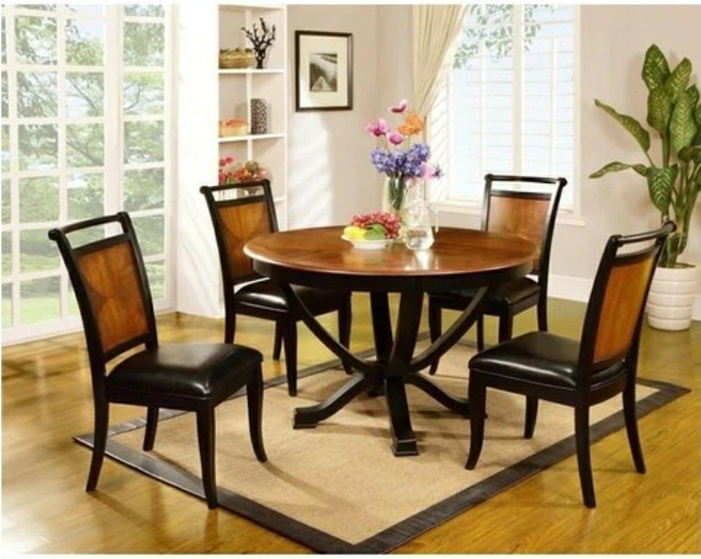 New Two Tone Round 5' Dining Table Chairs Set
