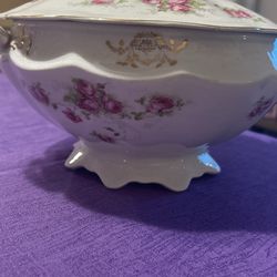 VINTAGE CP CO DIXIE LARGE COVERED TUREEN SCALLOPED EDGE GOLD DETAIL PINK EDGES