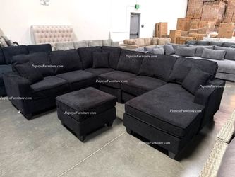 NEW Large U Shape Sectional Sofa and Reversible Chaise with Ottoman Set BLACK Chenille Fabric Dark Gray Grey Ashley Style Couch Discount BIG SALE