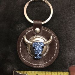 Blue Bull Jewelry Keychain Key Fob Keyring on Stitched Thin Brown Leather