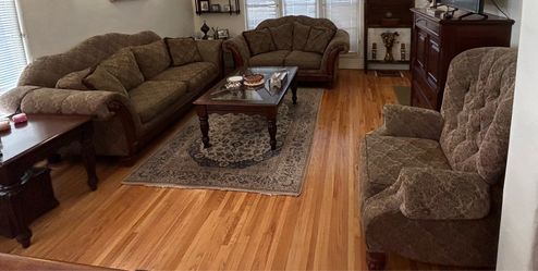 3 piece sofa loveseat and recliner chair couch furniture living room set la-z-boyhood brown green pattern