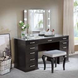 GLAM OBSIDIAN GRAY FINISH HOLLYWOOD LIGHT BULBS 3 PIECE VANITY CABINET SET-MIRROR-STOOL