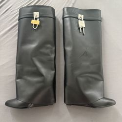 Givenchy Shark Lock Knee-High Boots – Size 7 – Black Leather with Padlock Hardware