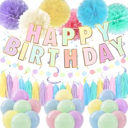 Macaron Pastel Happy Birthday Party Decorations for Women Girls with Happy Birthday Banner,Paper Tassel,Tissue Paper Pompoms, Hanging Swirl,Circle Gar