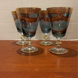 J Preziosi Lavorato A Mano Italy Gold Etched Wine/water Glasses Set Of Four 6“ X 3 1/2”
