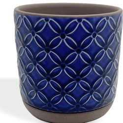 6" Embossed Daisy Flower Design Cobalt Blue & Brown Ceramic Planter Pot with Attached Saucer