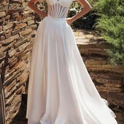 Satin/Lace Off Shoulder A-Line Wedding Gown