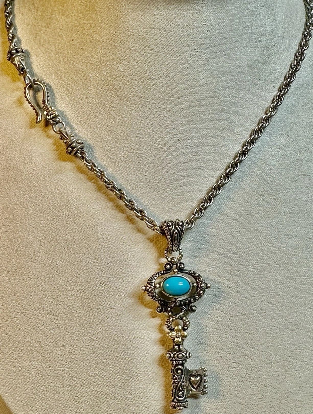 FREE SHIPPING! Barbara Bixby 925 Silver/18k Gold Turquoise Key Pendant Necklace 18” Lot#588