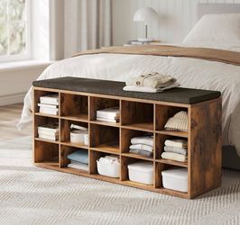 Shoe Bench, Storage Bench with Padded Seat, Entryway Bench with 15 Compartments, for Bedroom, 11.8 x 41.3 x 18.9 Inches, Rustic Brown and Chestnut Bro