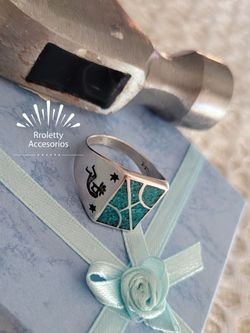 Sterling Silver 925 Ring Kokopelli design Inlaid blue Turquoise Navajo.