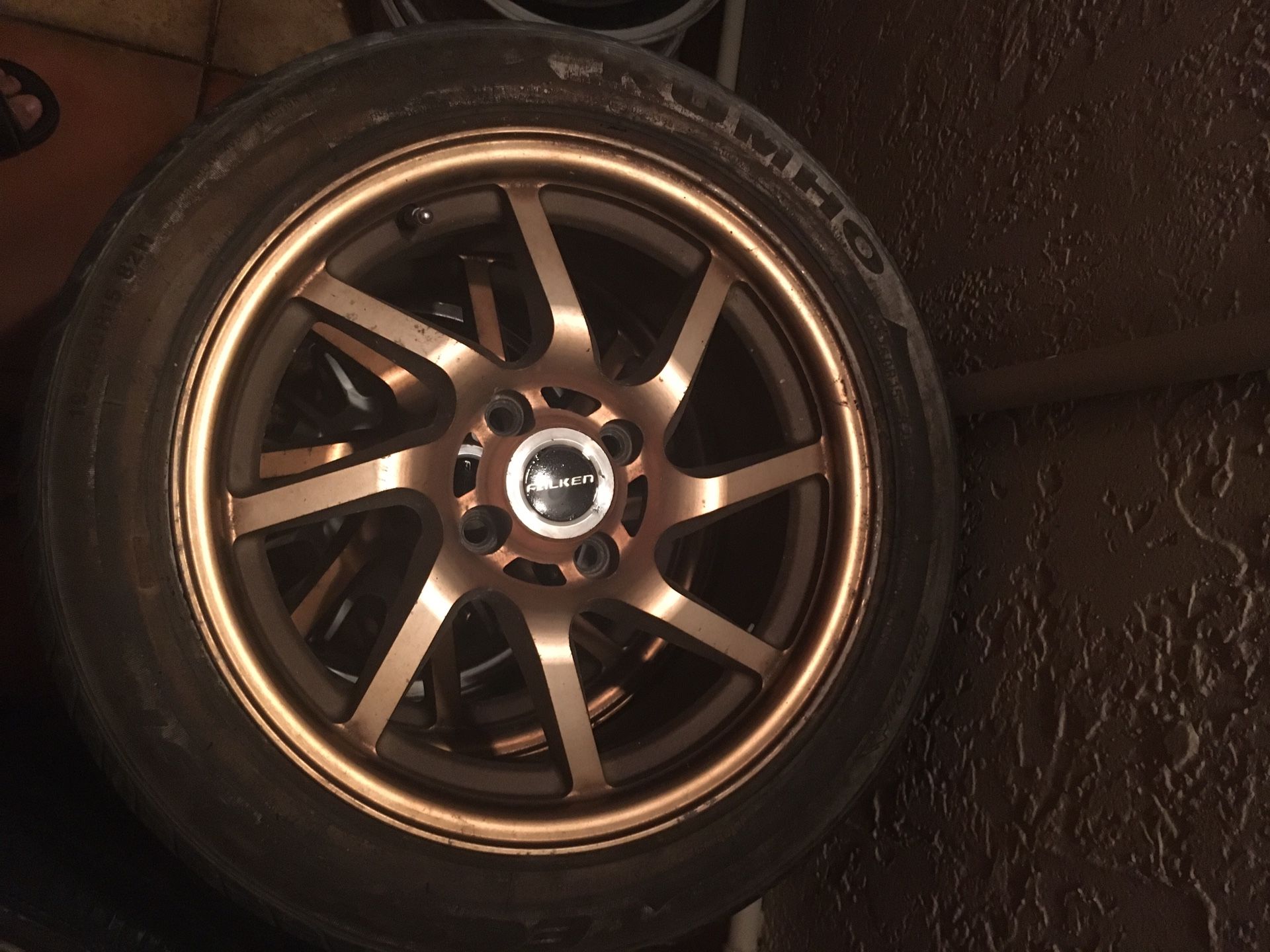 Set of Falken hanabi rims. Universal 15inch 4 lug wheels. One has a crack in it.