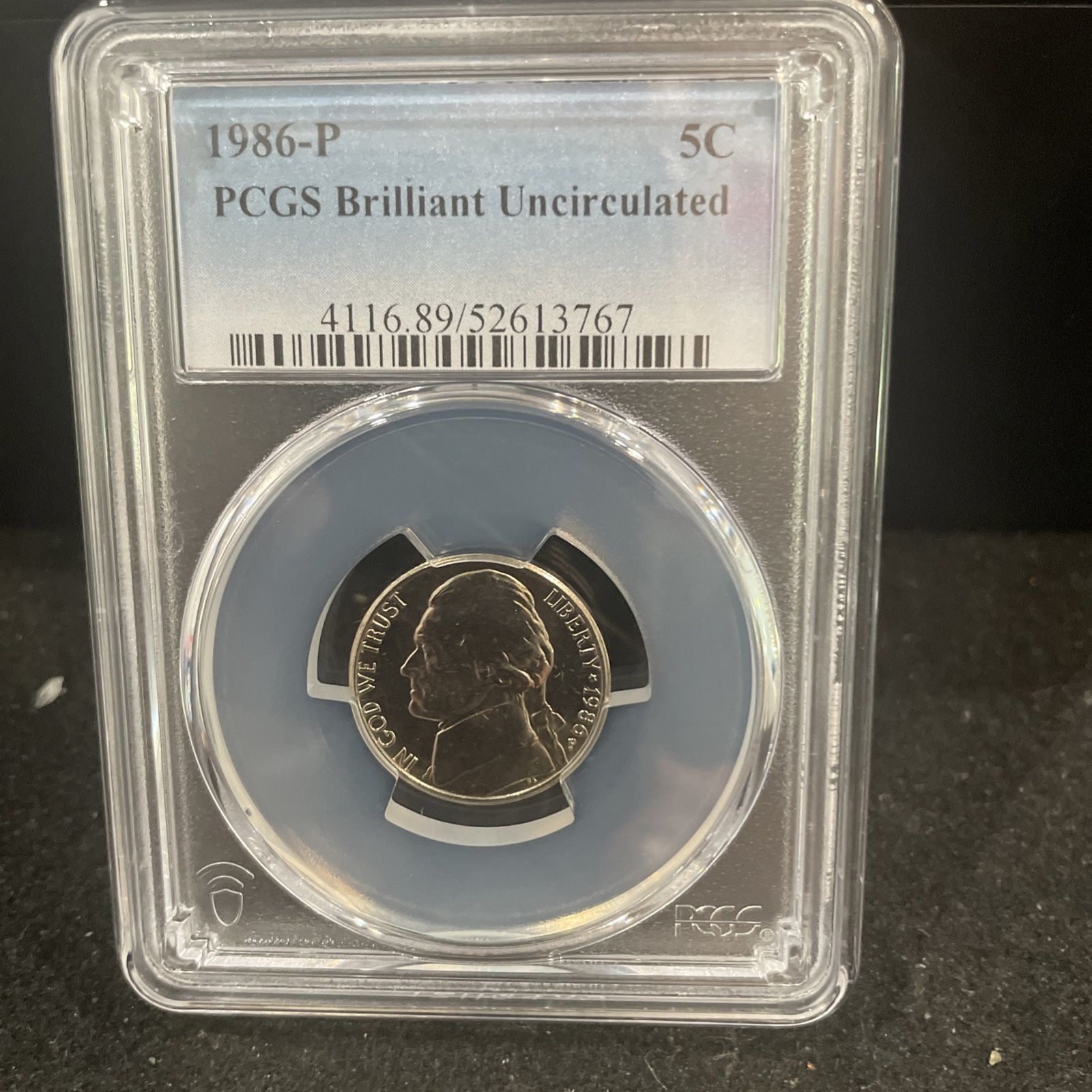 1986 P Brilliant Uncirculated Jefferson Nickel Graded By PGCS O-13