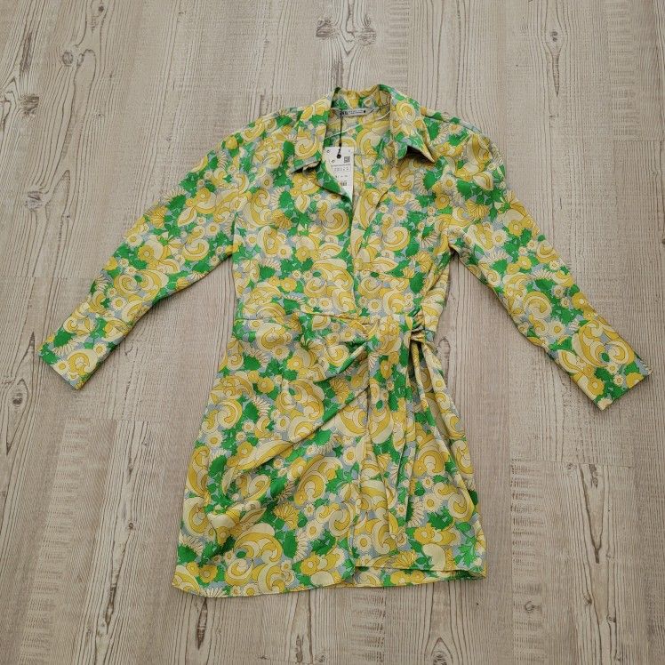 NWT Zara Yellow and Green Floral Patterned Mini Wrap Shirt Dress Satin Effect