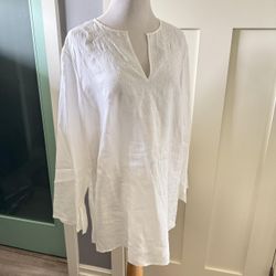 Lauren By Ralph Lauren 100% Linen  Floral Embroidery Split V-neck Neckline Tunic Blouse White