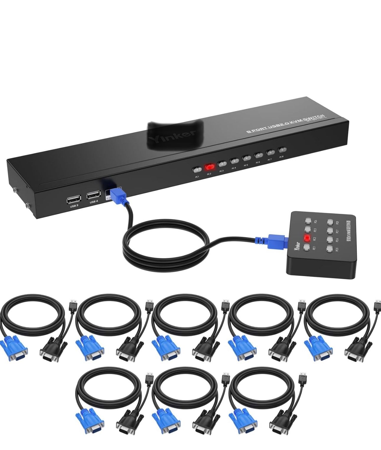 KVM 8 Port Rackmount Switch + 8 KVM Cables + 4 USB Hubs + Wired Desktop Selector + Rack Mount Ears Da HE