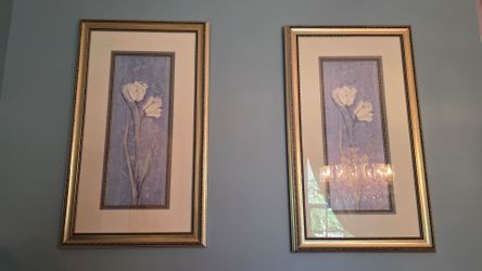 Pair of Framed White Tulip Art Prints — Blue/Lavender, Gold Beaded Frames, Matching Set