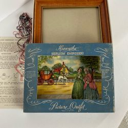 Vintage Needlework Hiawatha Heirloom Embroidery Kit Frame Linen Floss Needle Godey’s Fashions 1845