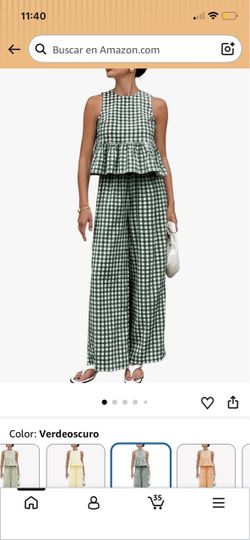 Green Gingham Two-Piece Top and Wide-Leg Pants Set