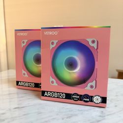 2x Vetroo PC Case Fans, 120mm, Pink, 3-Pin ARGB & 4-Pin PWM