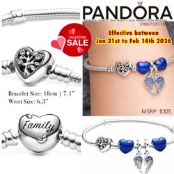PANDORA Moments Family Tree Heart Clasp SnakeChain Bracelet Set of 4 in one box.