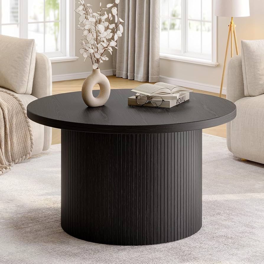 A807 31.5" Round Coffee Table, Tambour Design Coffee Tables for Living Room, Mid Century Modern Wood Coffee Table, Drum Accent Small Center Table