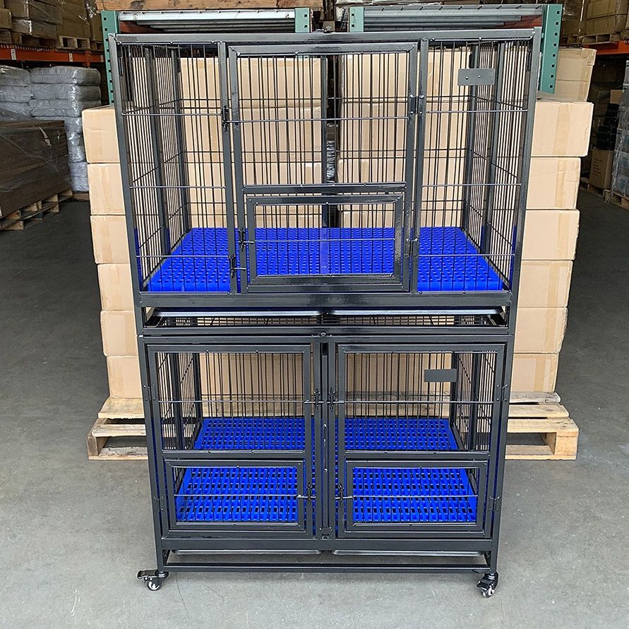 (NEW) $350 Stacking Dog Cage (Set of 2) Heavy Duty 41x31x65” Crate Kennel w/ Plastic Tray, Wheels