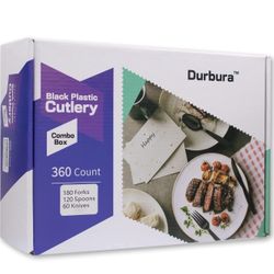 [360 combo box] Black Heavyweight Disposable Plastic Cutlery,plastic utensils,disposable tableware,180 Forks,120 spoons,60 knives for catering events,