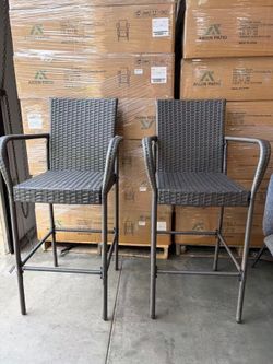 Outdoor Bar Stools Set of 2, Patio Bar Chairs with Armrests and Backrest Wicker Rattan (Dark Gray)
