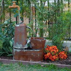 Outdoor Floor Rustic Vintage Can Water Fountain for Garden, 34", Bronze and Silver