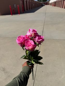 Hot Pink Rose Flowers Artificial Real Touch 7 Rose Heads Per Bouquet