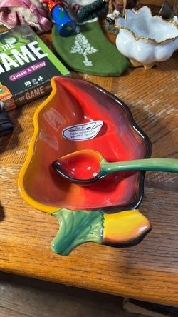 Clay Art La Mesa chili pepper salsa bowl with a matching spoon.