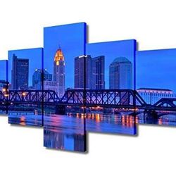 Panoramic Columbus Ohio Cityscape Picture, Colorful Stretched Canvas Art Prints,