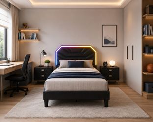 Twin XL Bed Frames with LED Light Headboard, Upholstered Modern Cama Twin XL Platform Bed Frame with Heavy Duty Supports, No Box Spring Need, Noise Fr