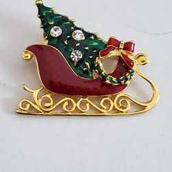 Vintage Signed Eisenberg Ice Brooch Pin Enamel Christmas Sled Tree Gold Tone
