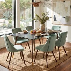 Homy Casa Rosa 7PC Dining Set 55” Black Marble Table with 6 Smeg Cactus Green Velvet Chairs Mid-Century Modern