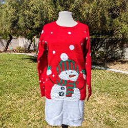 Womens Sm Holiday Christmas Long Sweater Dress Allison Brittney Xmas Snowman EUC