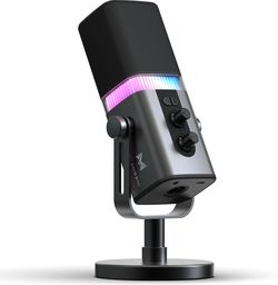 192KHz/32bit Dynamic Podcast Microphone for PC, USB & XLR Mic with RGB Lighting, Desktop Stand, Mute Button, All-Metal Body, Gain & Volume Control, Ga