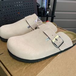 Suede Clogs Slip-On Buckle Slides Leather Mules Cork Footbed Sandals Potato Shoes. Size 7