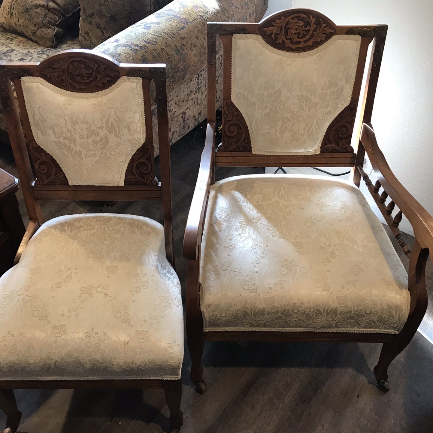 Beautiful Antique Upholstered Wooden Chairs with intricate detailing