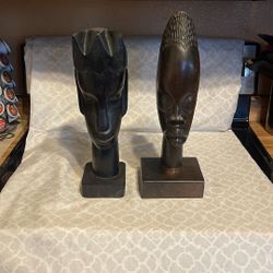 Heavy Wooden Carved African Head Statues 