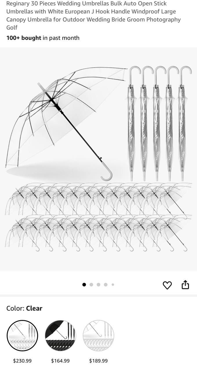 Reginary 30 Pieces Wedding Umbrellas Bulk Auto Open Stick Umbrellas with White European J Hook Handl