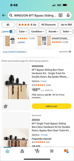 WINSOON 6FT Bypass Sliding Barn Door Hardware Kit - Single Track For Double Doors, Big Spoke Wheel, Heavy Duty, One Piece Rail Low Ceiling