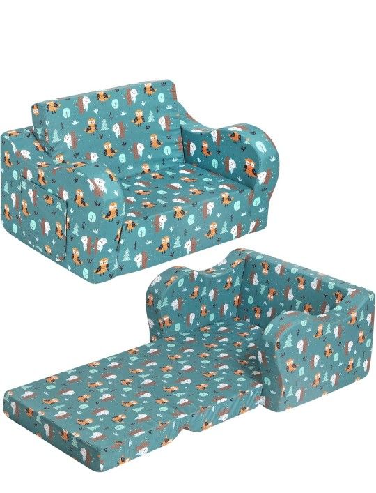 Happy Owl Kids Sofa, 2-in-1 Kids Couch Fold Out, Convertible Sofa to Bed for Girls and Boys